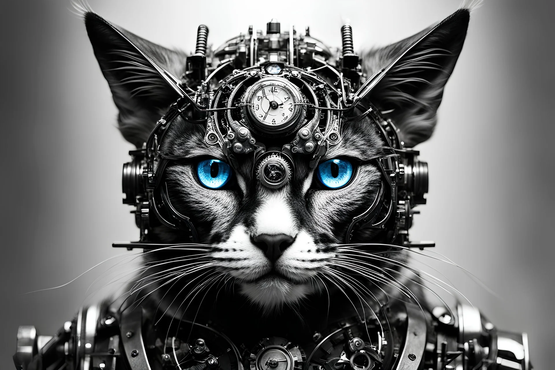 Length photograph mecha face steampunk sci fi portrait of a mechanized cat, or various animals, or mythical creatures, anthropomorphic, high key lighting, 3d bas relief, front view clock, glowing neon nixie cyberpunk eye, wire whiskers cyborg high contrast black and white image