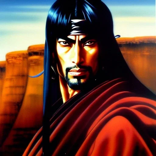 portrait of 'Jubei Kibagami-Ninja Scroll',painting by Earl Norem, simon Bisley, evan lee, 86-86, oil on canvas, cinematic composition, extreme detail,fit full head inside picture,8k