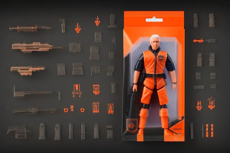 packaging label Mike pence g.i. joe toy With a gun space force uniform action figure, fluorescent orange, pricetag, whole body