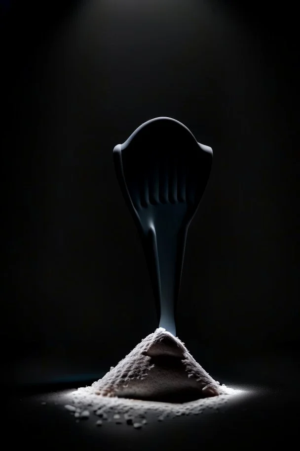 plastic scoop of protein powder, view from the front, dark studio setting, black background