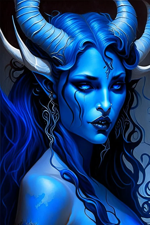 a captivating blue-skinned devil with elegant horns and allure beyond compare. Her seductive nature is represented through her enchanting voice, mesmerizing gaze, and irresistible charm. She has stunning blue skin that shimmers like a moonlit ocean. Her long, flowing hair cascades in midnight blue waves, framing her alluring face. Horns, elegantly curved like a crescent moon, adorn her forehead, adding an enigmatic charm to her appearance. Her eyes are deep pools of sapphire, holding a seductive