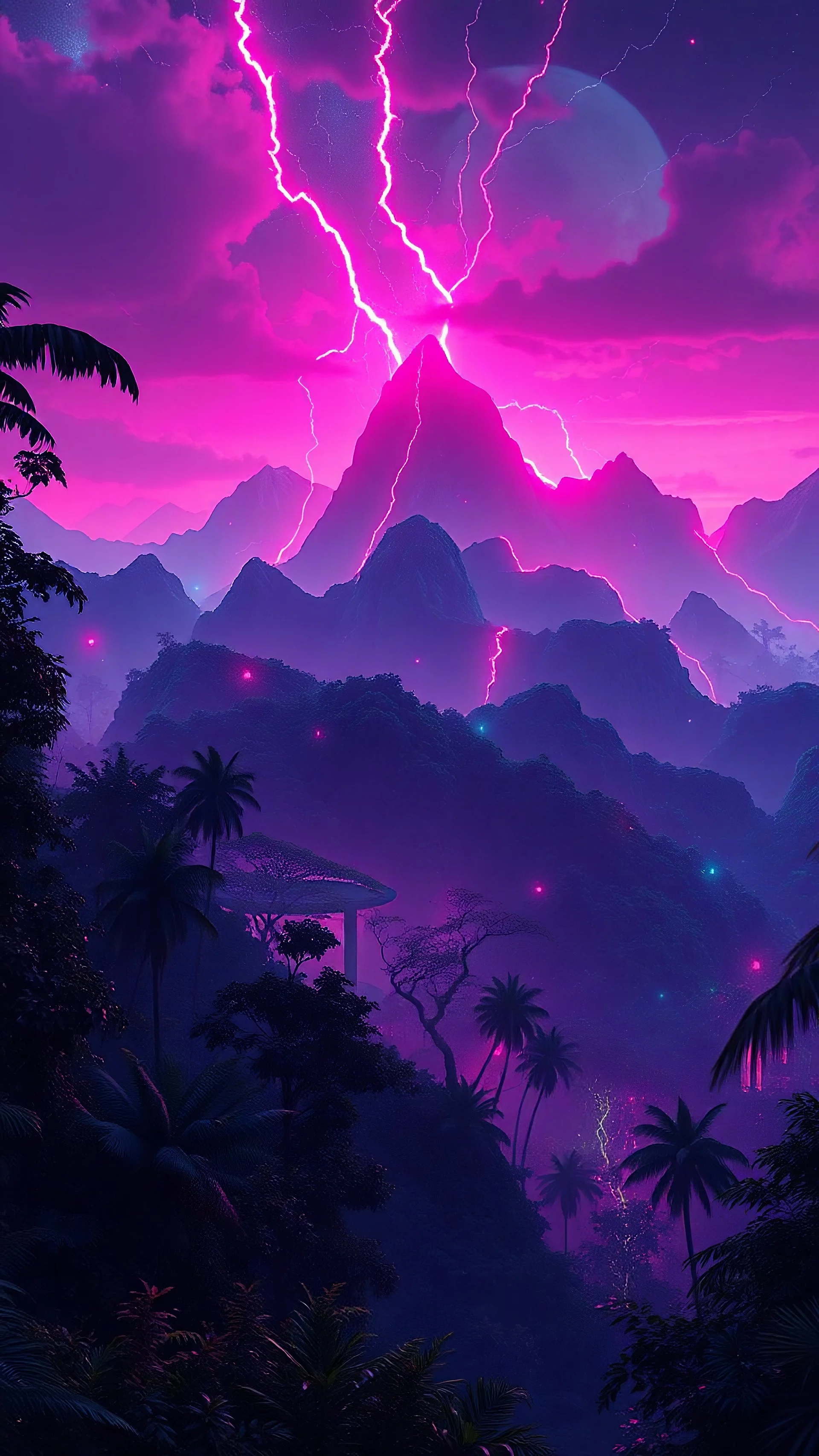 make the pov showing and enitre jungle landscape and you on the top of the mountain in the jungle overlooking the enitre jungle forest and the jungle cyberpunk neon themed and realisitic. have the tress glowing neon colors and the mountains are have neon lines going through them like its about to crack and explode
