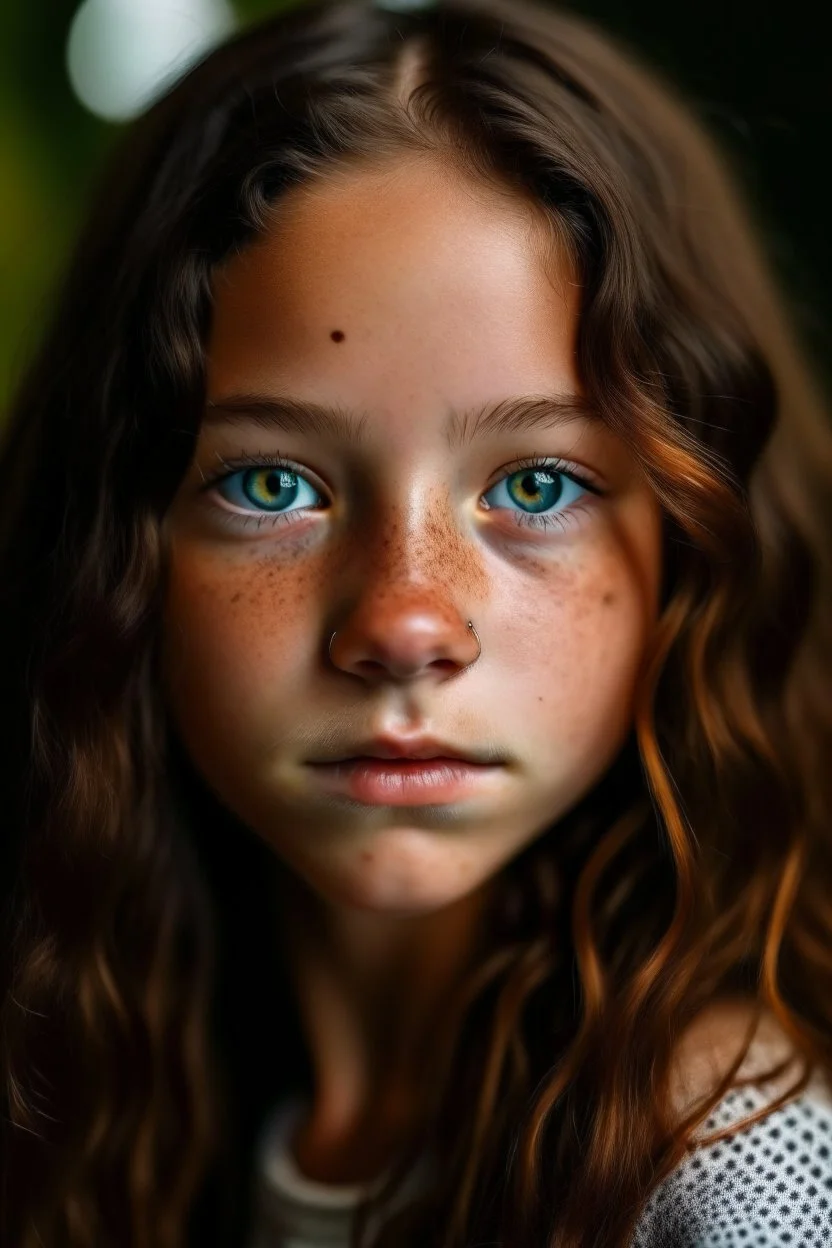 13-jähriges Mädchen mit Heterochromie, Sommersprossen über das ganze Gesicht, dunkelbraune lange Locken