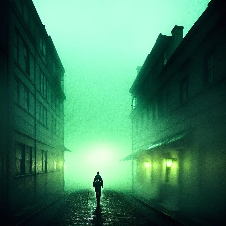 Dark street creepy fog colours strong texture nightmare 8k artistic Photography volumetric light, Yves Tanguy Max Ernst