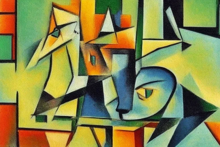 Cubist painting of a cat sitting on a green table