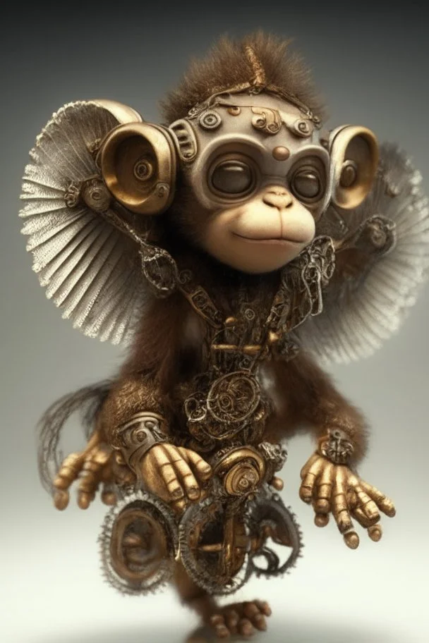 small cute steampunk mechanical monkey, made of metal with mechanical wings, cute hands and feet