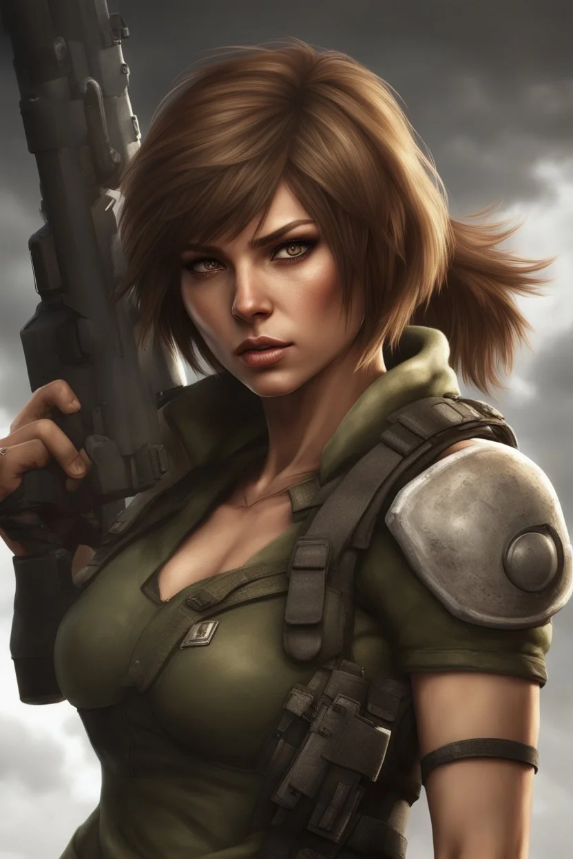 12k wallpaper of Arina- 34 years old woman, mercenery, fierce and stunning, Bobcut brown hair, athletic, wearing combat clothes- HDR quality - trending in artstation, ultra realistic, highly detailed neck, highly detailed face