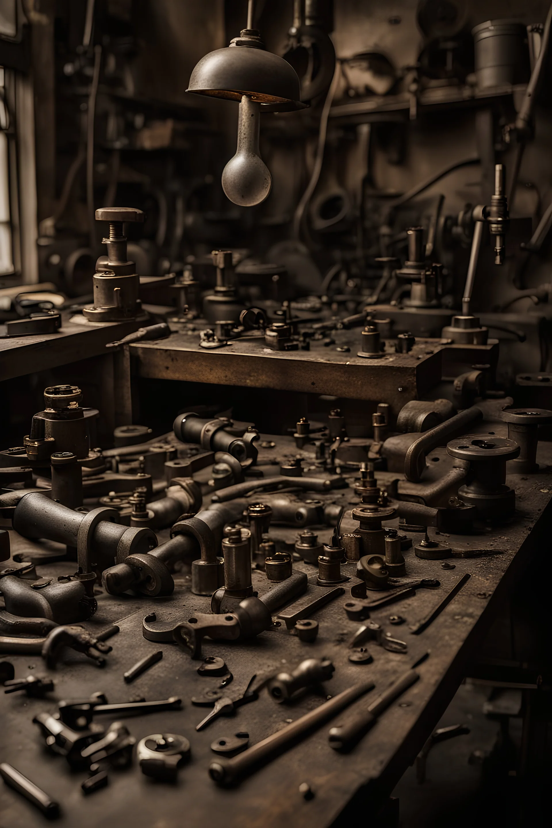 a messy victorian machinists workshop table. Lots of large half completed items on the table. Valves, wrenches, rivets