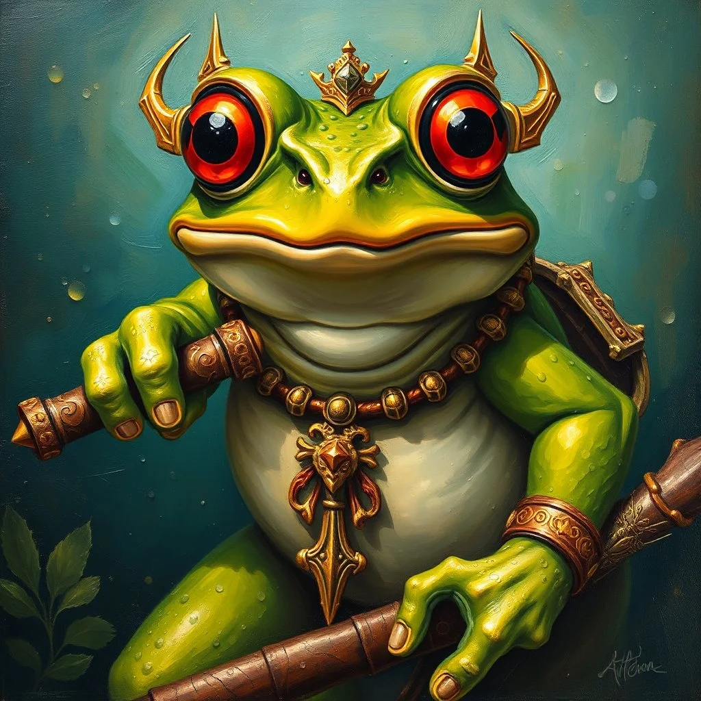 A Mighty frog whom is a determined warrior living by the code, in ornate oil painting art style