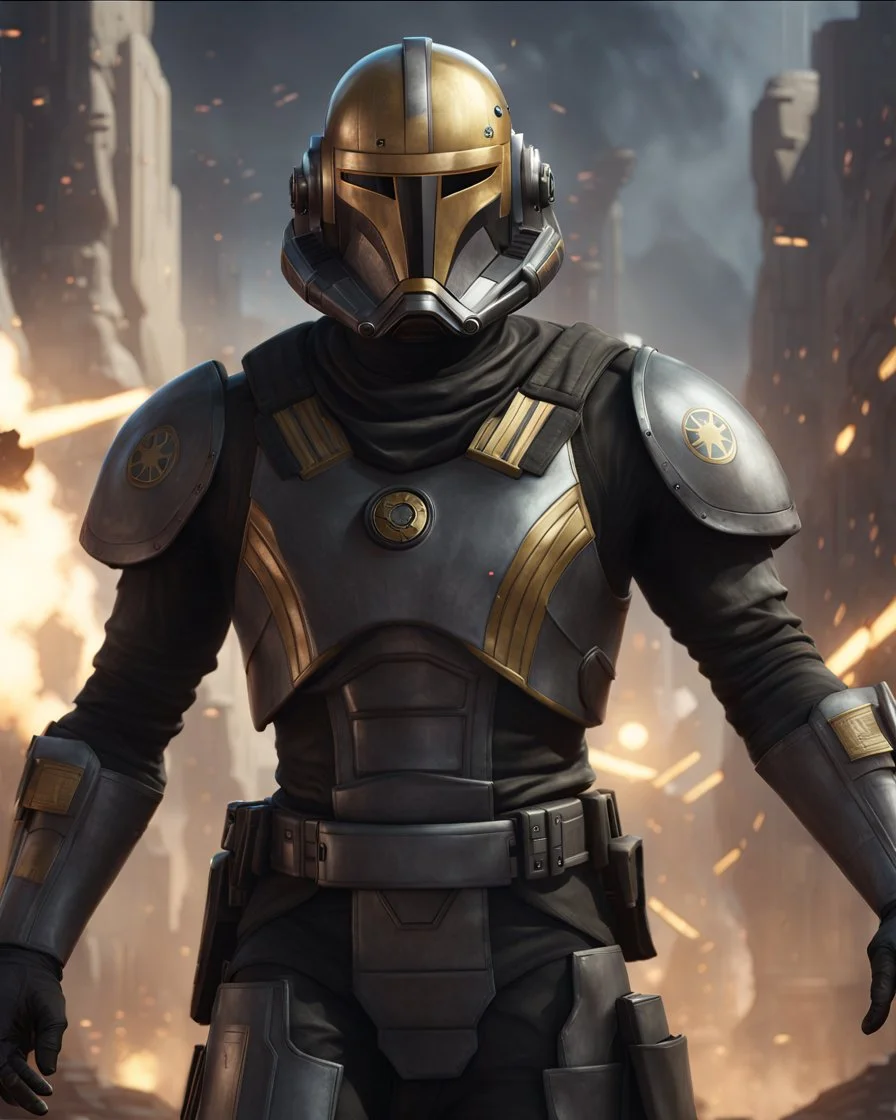 star wars bald male corellian pilot wearing pearlescent black and gunmetal grey First Order special forces heavy assault stealth commando armor and helmet with gold trim inside the jedi temple, hyperdetailed, dynamic lighting, hyperdetailed background, 8k resolution, volumetric lighting, light skin, fully symmetric details