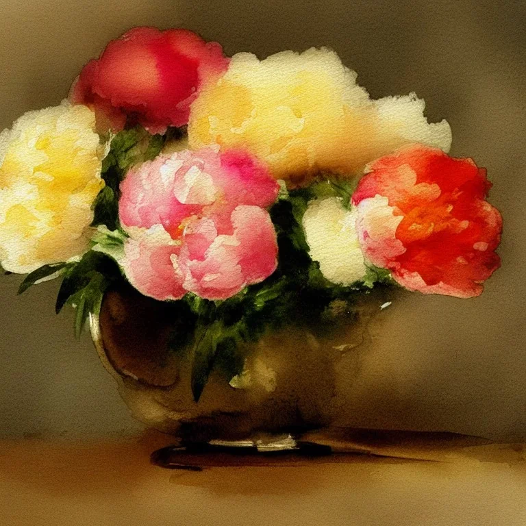 watercolor of a bowl of peonies, warm colors, in the style of turner, white space