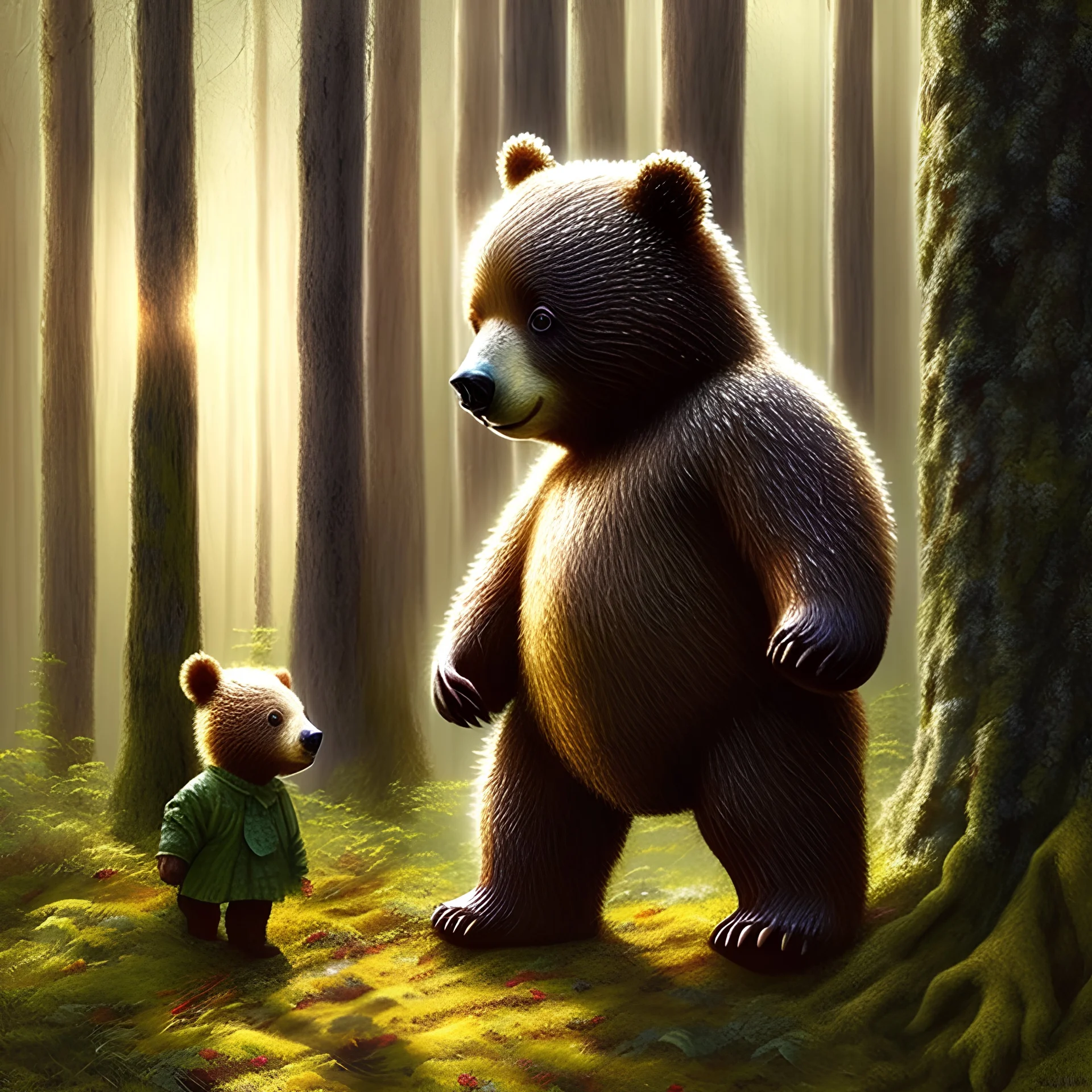 a little bear is dancing in the woodland, healthy bear, sound eys, two healthy legs, two healthy feet, two healthy arms, two healthy hands, two healthy ears, naturalistic, realistic, style Michael Bond