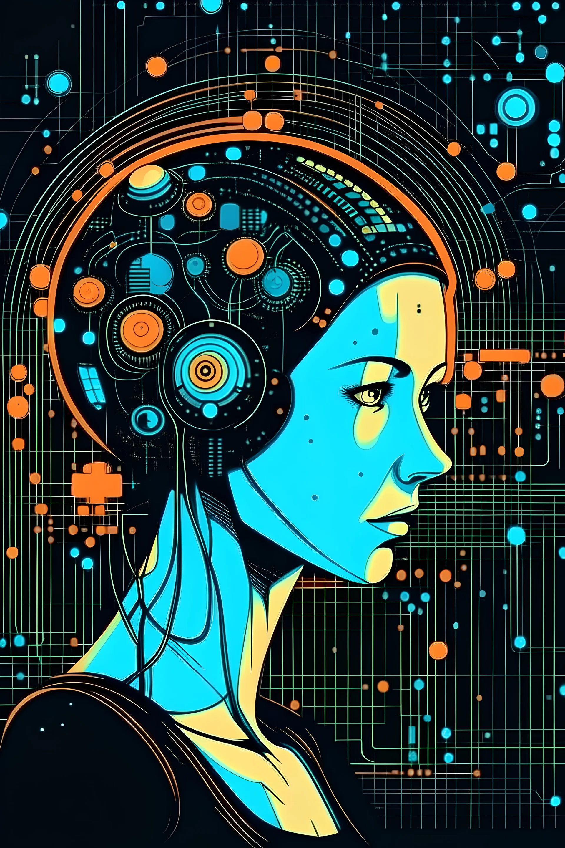humans must not rapresented on this picture Film, cartoon cyberpunk effect.the theme is computer hardware human Interface neural sphere