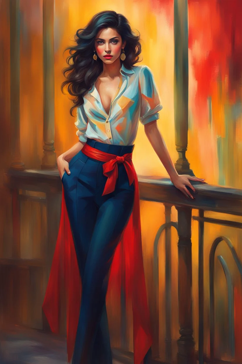 A full body Portrait of a beautiful young woman, slanted, dark eyes with large eyelashes, voluminous wavy black hair, red lipstick, thin strap blouse, colorful, perfect face, shine, realistic, best image quality, oil paint, Light clothes, vivid colors, Thin strap blouse, Art By Jon Bauer,, By cgsociety,standing