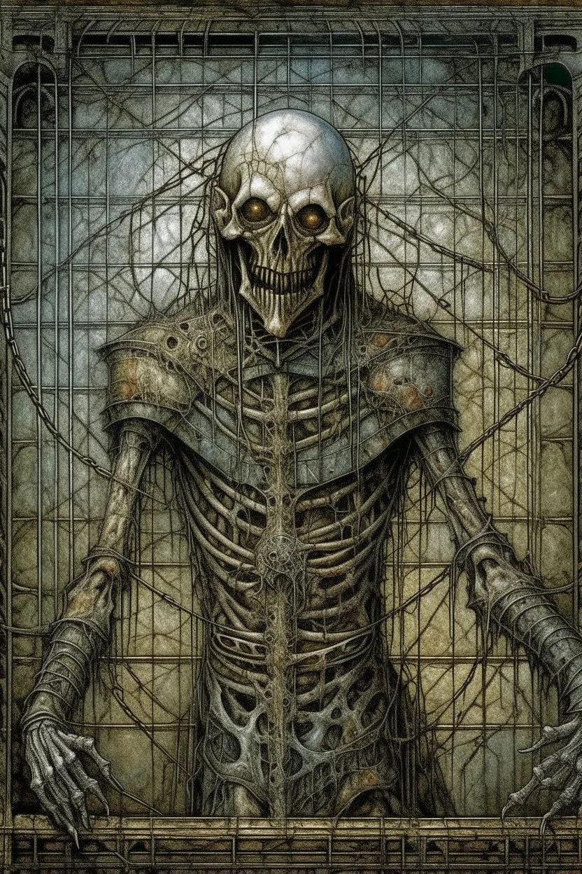 The full body of a prisoner man with iron mask Scary face , decayed and rotting with grotesque proportions and imagery. abstract grotesqueries, detailed texture, surreal horror, biomechanical design, by hr giger and beksinski