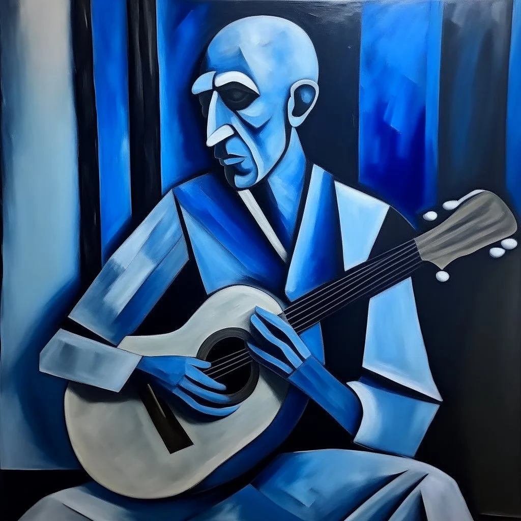 picasso man die gitaar speelt blauw realistisch geschilderd