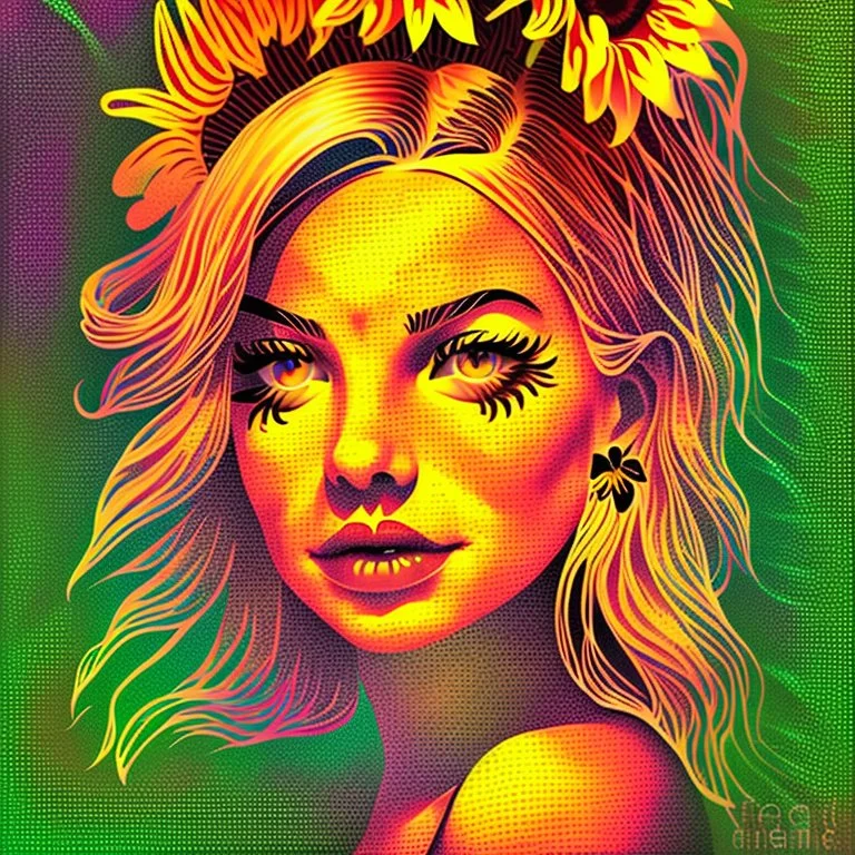 Portrait of a woman, sun and sunflowers, eclectic harmonic dot art