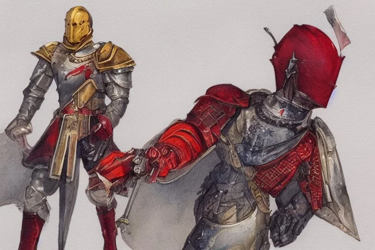 dnd, fantasy, watercolour, illustration, red phantom, knight, plate armour, all red, transparent, veins of golden light