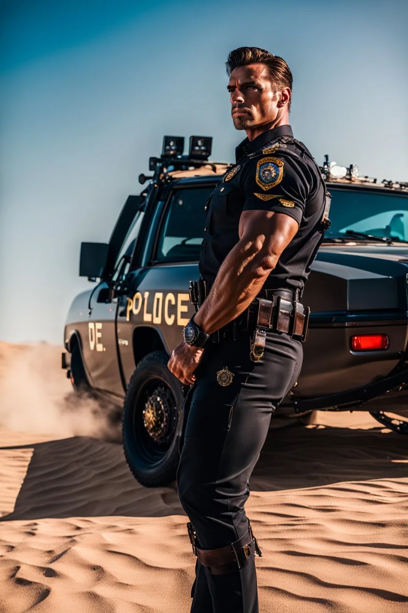 Handsome muscular sheriff leaning against a police car on the edge of the desert