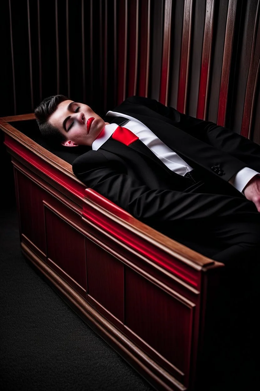 a man in black suit, red neck tie, white shirt, black pants, black shoe sleeping in a coffin