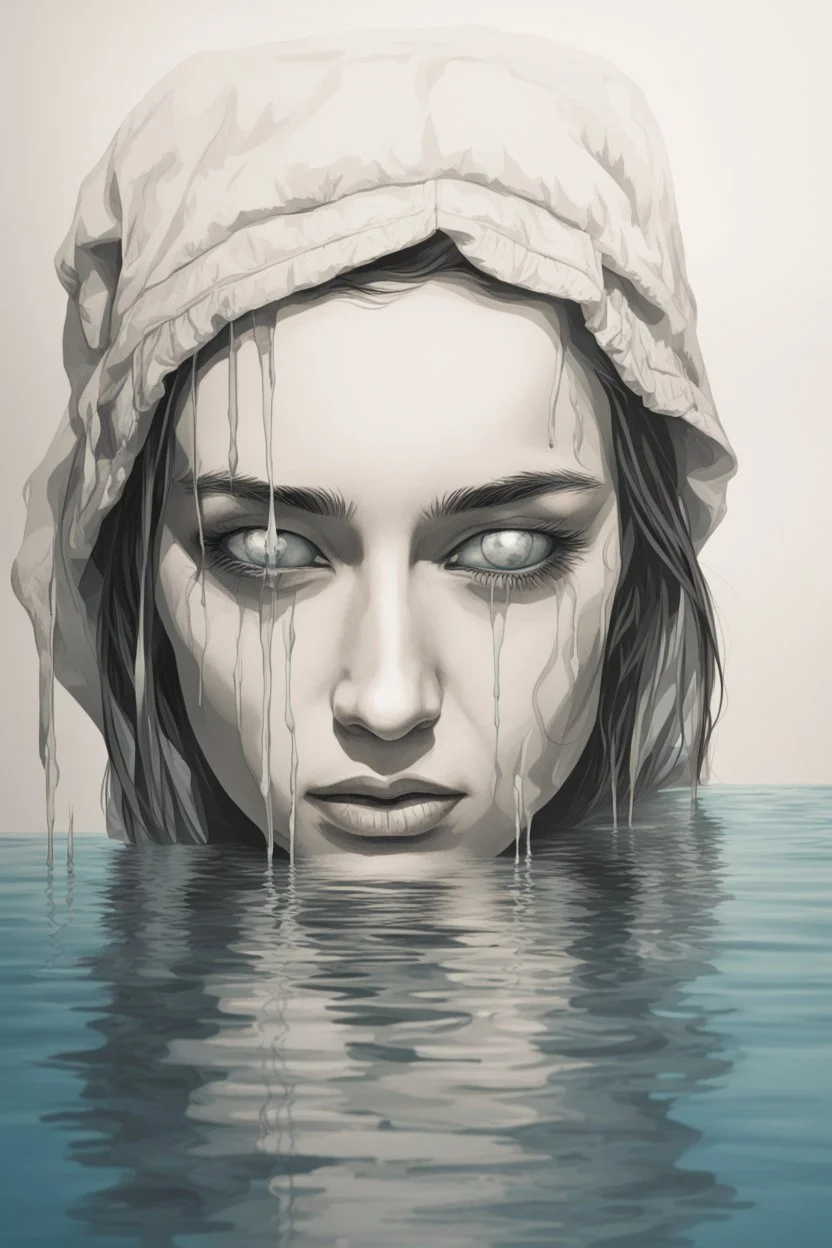 Artwork of t-shirt, Wide angle, half of face on water surface of a woman eyes are full of tears in swimming pool. Broken heart, sadness, down deep