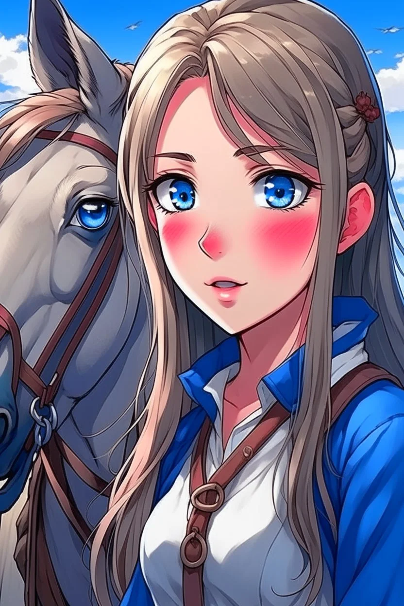 Anime woman with blue eyes with horse