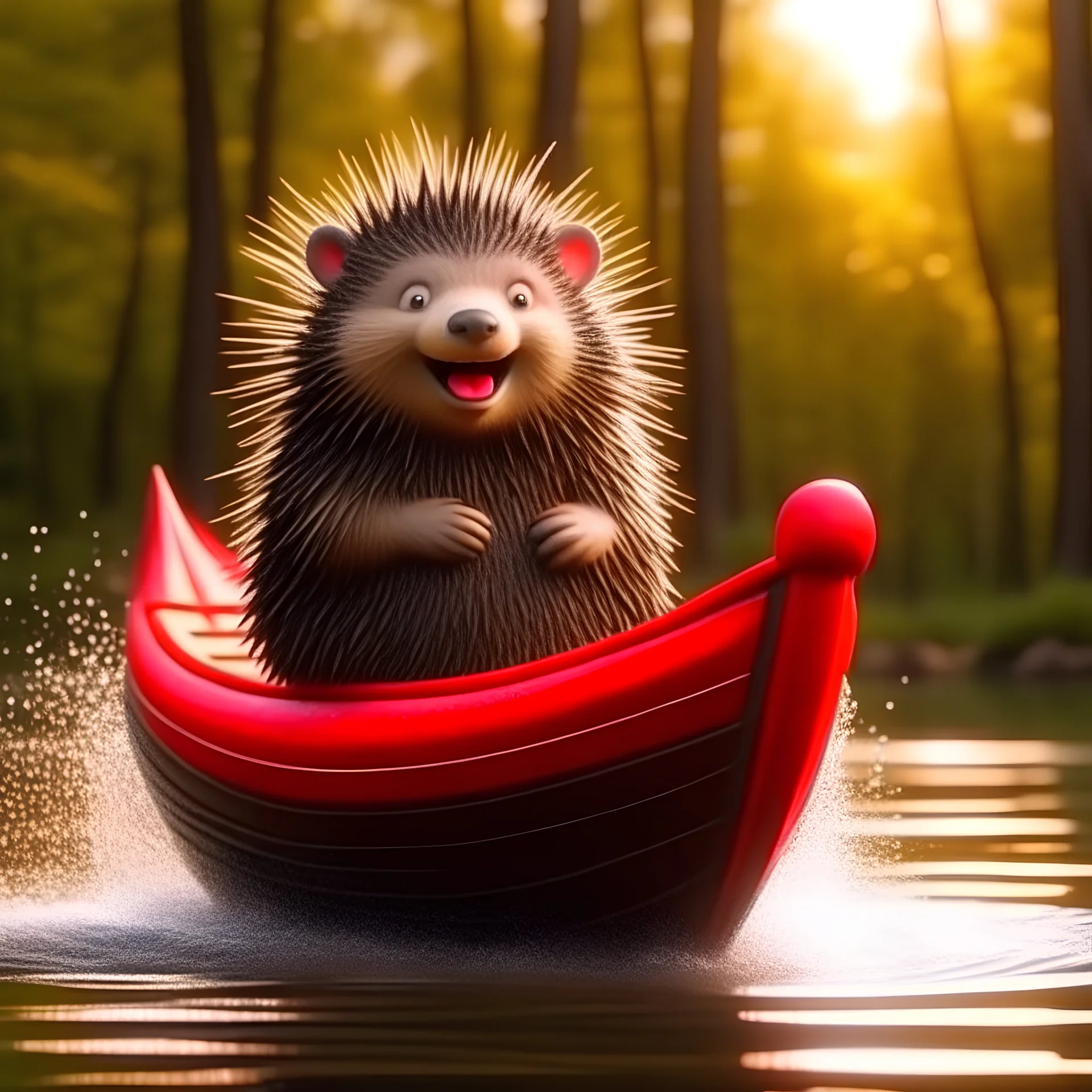 cute blessed freedom statue porcupine flying in a rubber boat in the river,catching a big fish in a river stream, 8k, downlight, soft light, depth of field, photorealism, trending on art station, lotsa detail