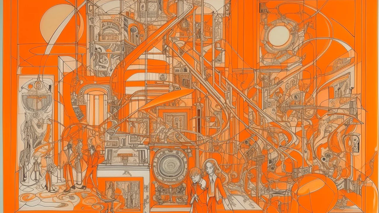 The image is an abstract painting with an orange background. The painting is composed of various lines and shapes that create a chaotic and dynamic composition. The main focus of the painting is a large central figure in the center, which appears to be a building or structure with multiple levels and intricate details. Surrounding the figure are several smaller figures and objects that appear to be connected by lines and dots. The figures are arranged in a way that creates a sense of depth and d