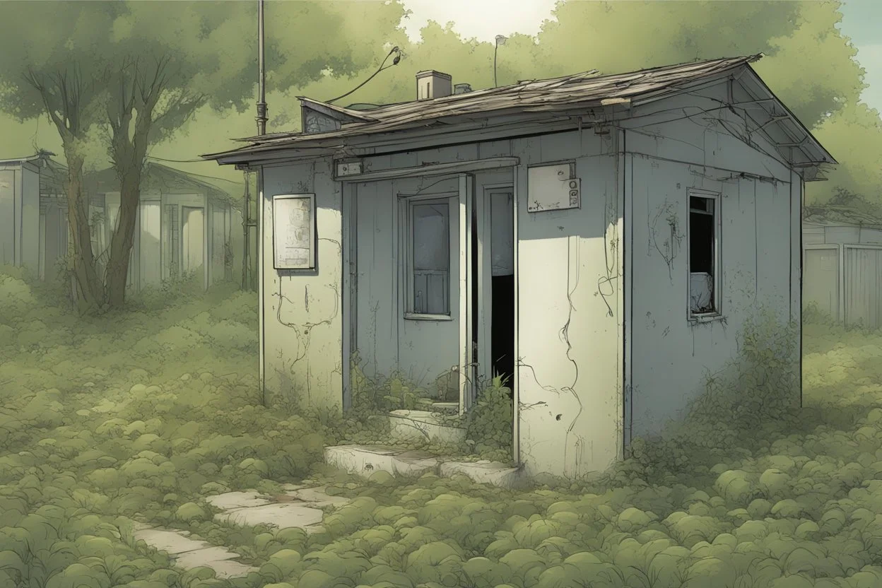 house, electrical box, overgrown, post-apocalyptic, comic book, city background