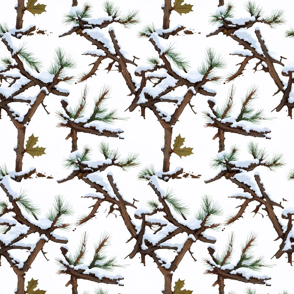 Real Tree Camouflage made of sticks, twigs, leaves, pine branches, snow and dirt, white background, seamless repeatable texture pattern imitating a natural forest background