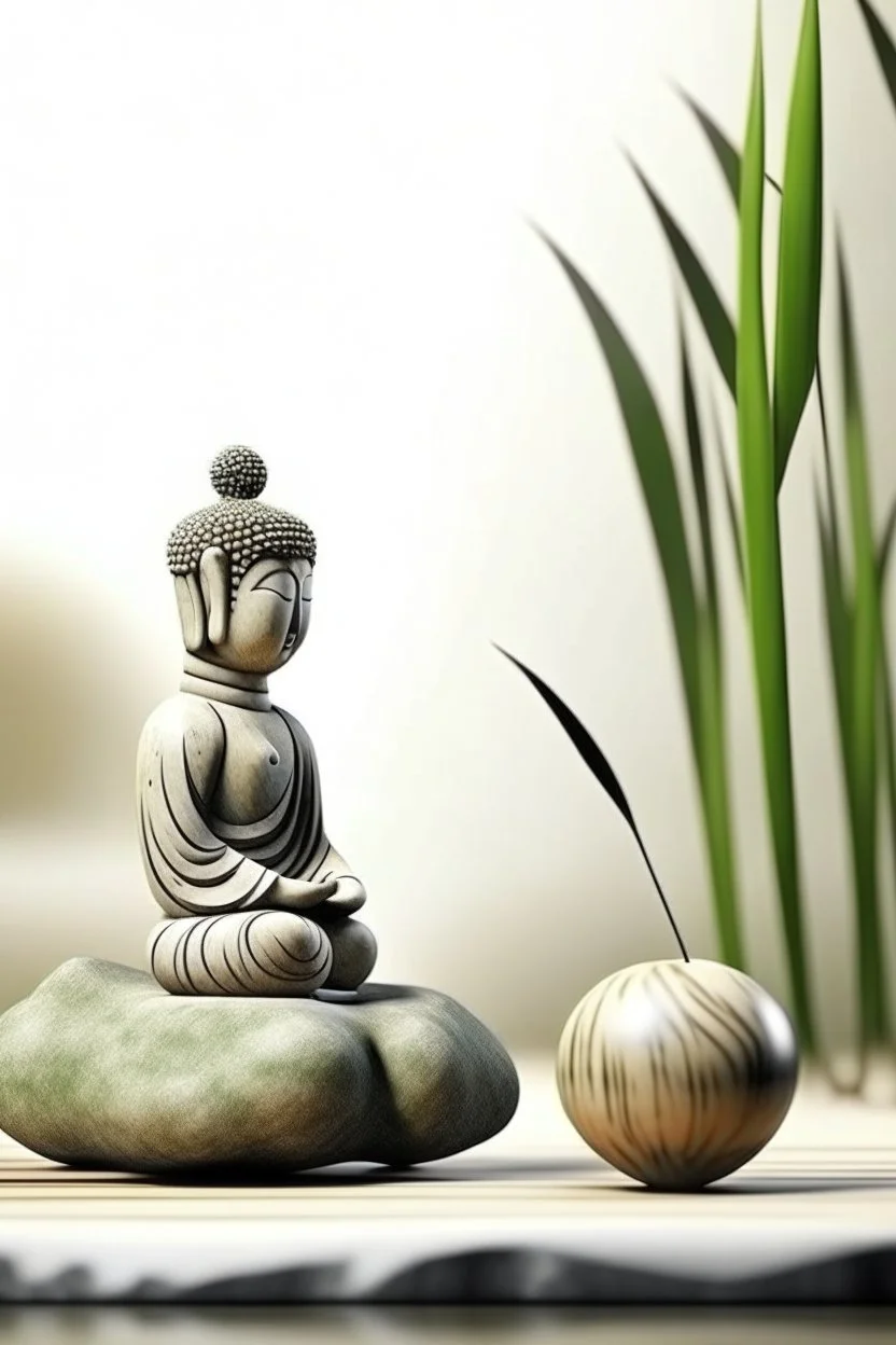 delicate background with spa stones and a bamboo stem, in the background there is a moiré figure of a female statue sitting on the stones, photorealistic photo