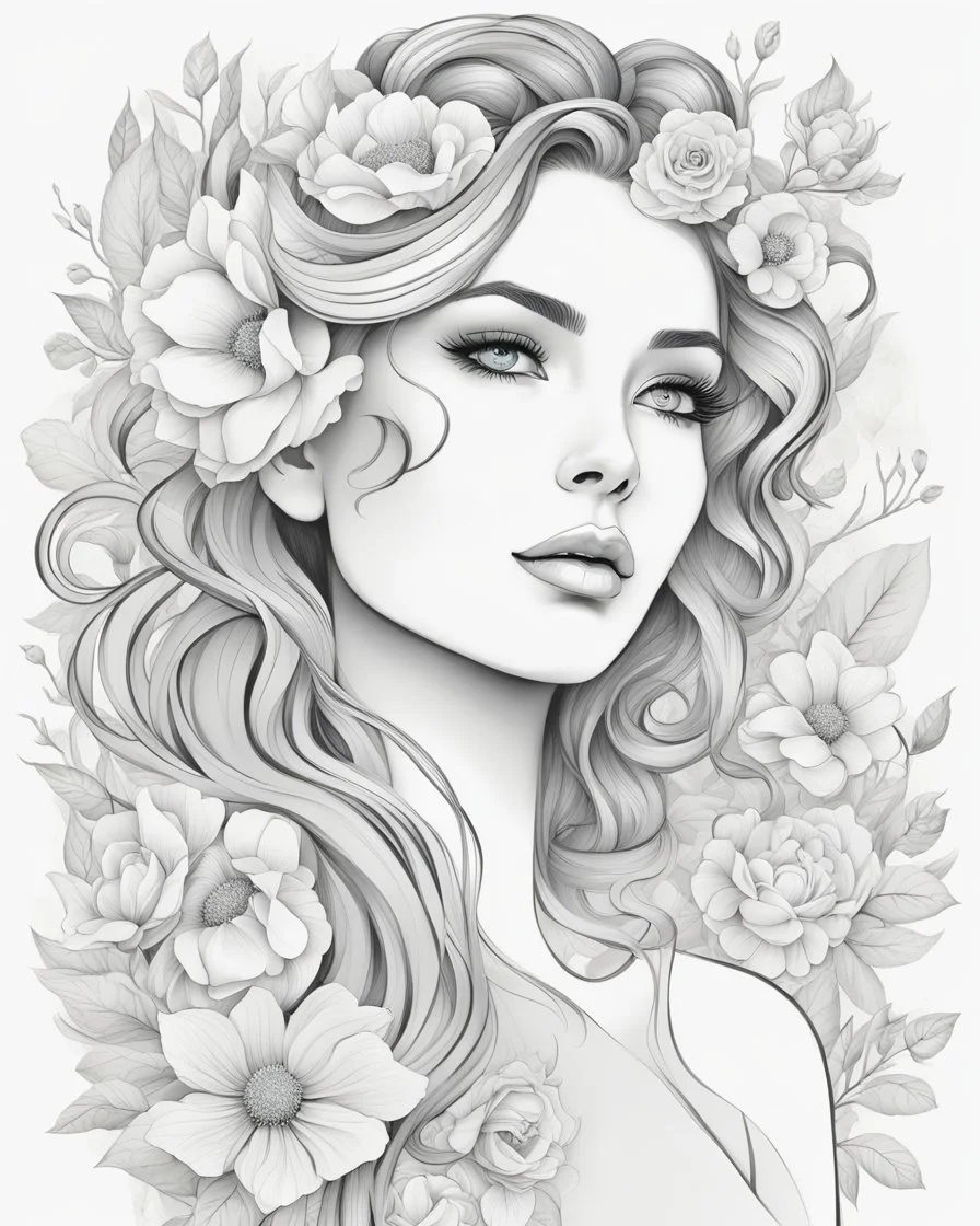 Abstract line art: beautiful, mesmerized drawing skatche girl in her hair nice flowers and in a beautiful flowering dress :: pastel colored flower tatoo, freedom of expression. " line art style