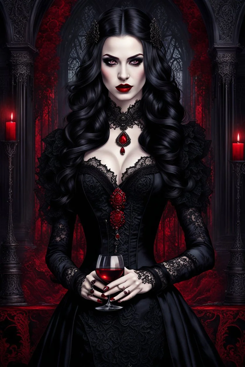 A captivating, high-resolution image of a stunningly elegant vampire woman exuding both beauty and danger. Dressed in exquisite black gothic clothing adorned with intricate details and black lace, on her dress red blood stains adding a dramatic effect. Her pale skin contrasts sharply with her dark attire, and her long, dark hair cascades down her shoulders. Holding a glass of red wine, she radiates an air of mystery. The background is dark and enigmatic, with soft, realistic lighting casting sha