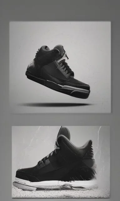 Jordan 3 black sneaker made out of fire. Animation movie style.