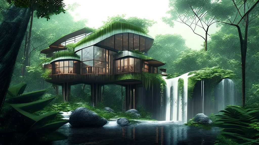 modern house by a big water falls in a karstic montain rain forest, idea en construccion in the style of mucha