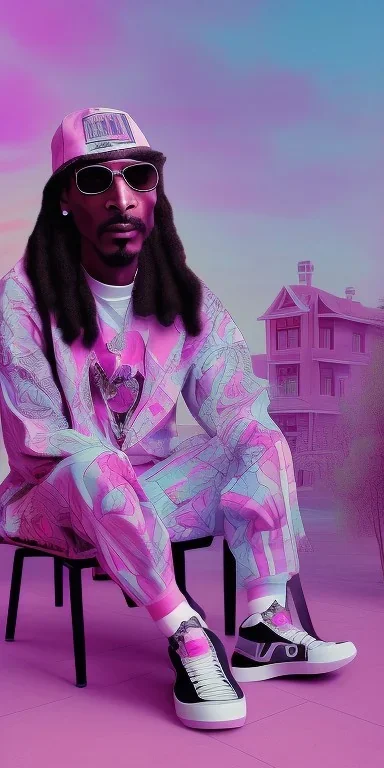 Snoop dogg, sitting. a chair. pink houses, pink sky, pink smoke, trees, outdoors. Groove street. 28mm