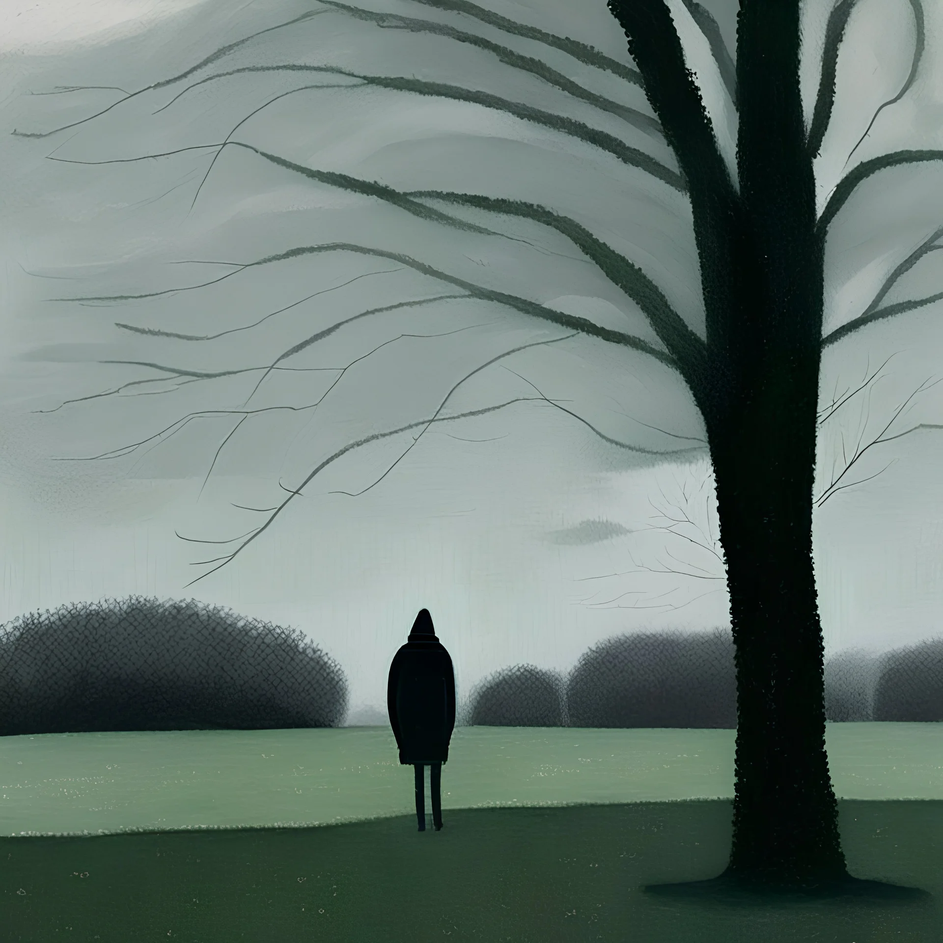 A spring dusk with grey sky and green trees and magnolia and a lonely figure in the distance painted by Katja Lang