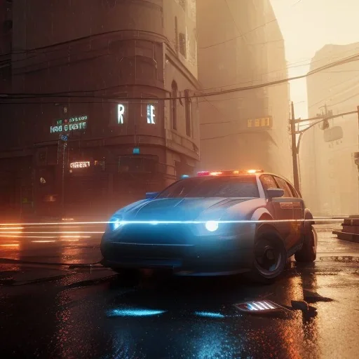 Cyberpunk,police car in night city on the rain unreal engine 5, octane render,cinema4d, dynamic lighting, 8k, redshift render, highly, hyperrealism ultra realistic, hyper realistic.