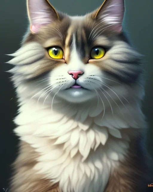 A cute fluffy cartoon Cat sitting down, full-scale head and shoulders portrait, 8k resolution concept art portrait by Greg Rutkowski, Artgerm, WLOP, Alphonse Mucha dynamic lighting hyperdetailed intricately detailed Splash art trending on Artstation triadic colors Unreal Engine 5 volumetric lighting Splash art fantasy"