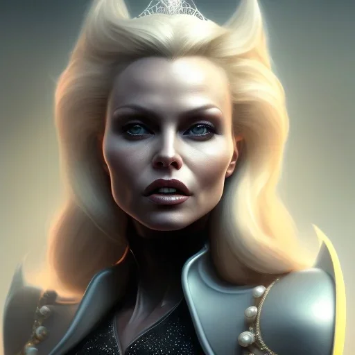 Pamela Anderson as evil queen in black leather, leather, busty, cleavage, angry, stern look. character design by cory loftis, fenghua zhong, ryohei hase, ismail inceoglu and ruan jia. unreal engine 5, artistic lighting, highly detailed, photorealistic, fantasy