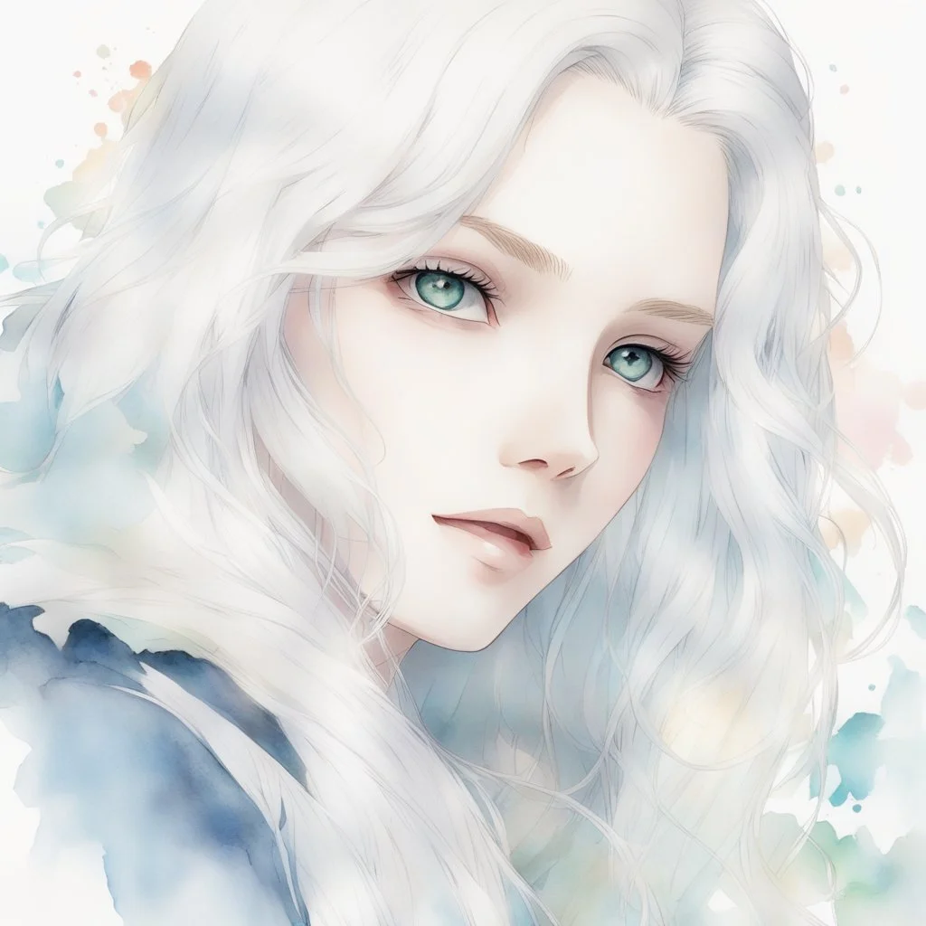 a close-up headshot of a 16-year old woman with long white hair, silver eyes with long lashes, pale skin, a slim delicate build, prone to illness, shy, anime style, intricately detailed, splotchy watercolor background