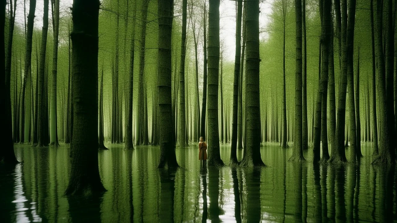 Photograph showing a flooded forest or the shore of a lake, with a woman in the center as the focal point among the verticals of the trees.