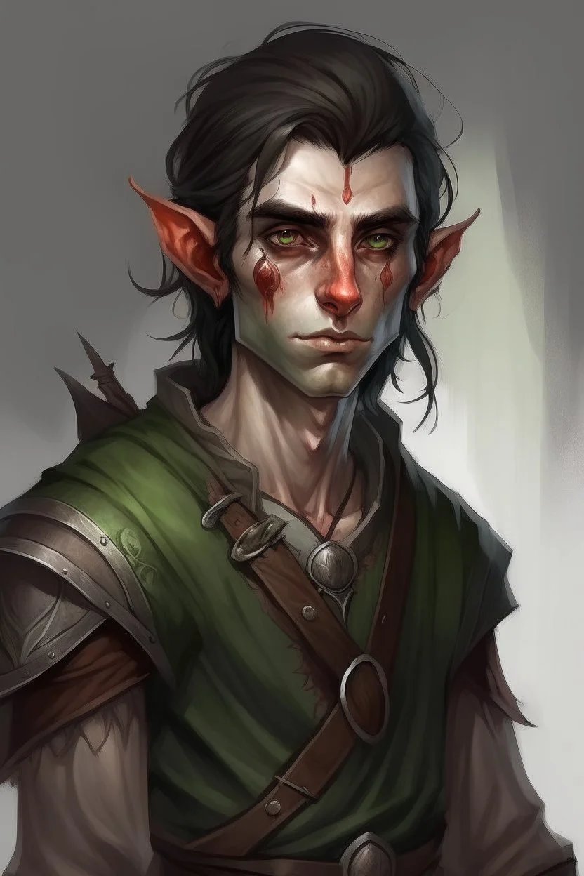 portrait of a black-haired, battered, injured elf, dressed in simple clothing, like an adventurer in a fantasy world