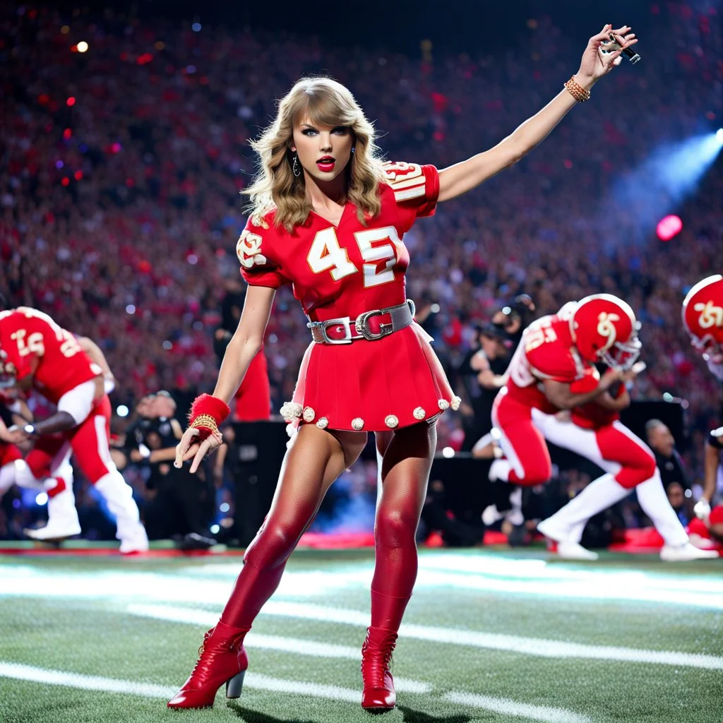 Taylor Swift performing in the Superbowl Halftime Show. She is wearing the colors of the Kansas City Chiefs.