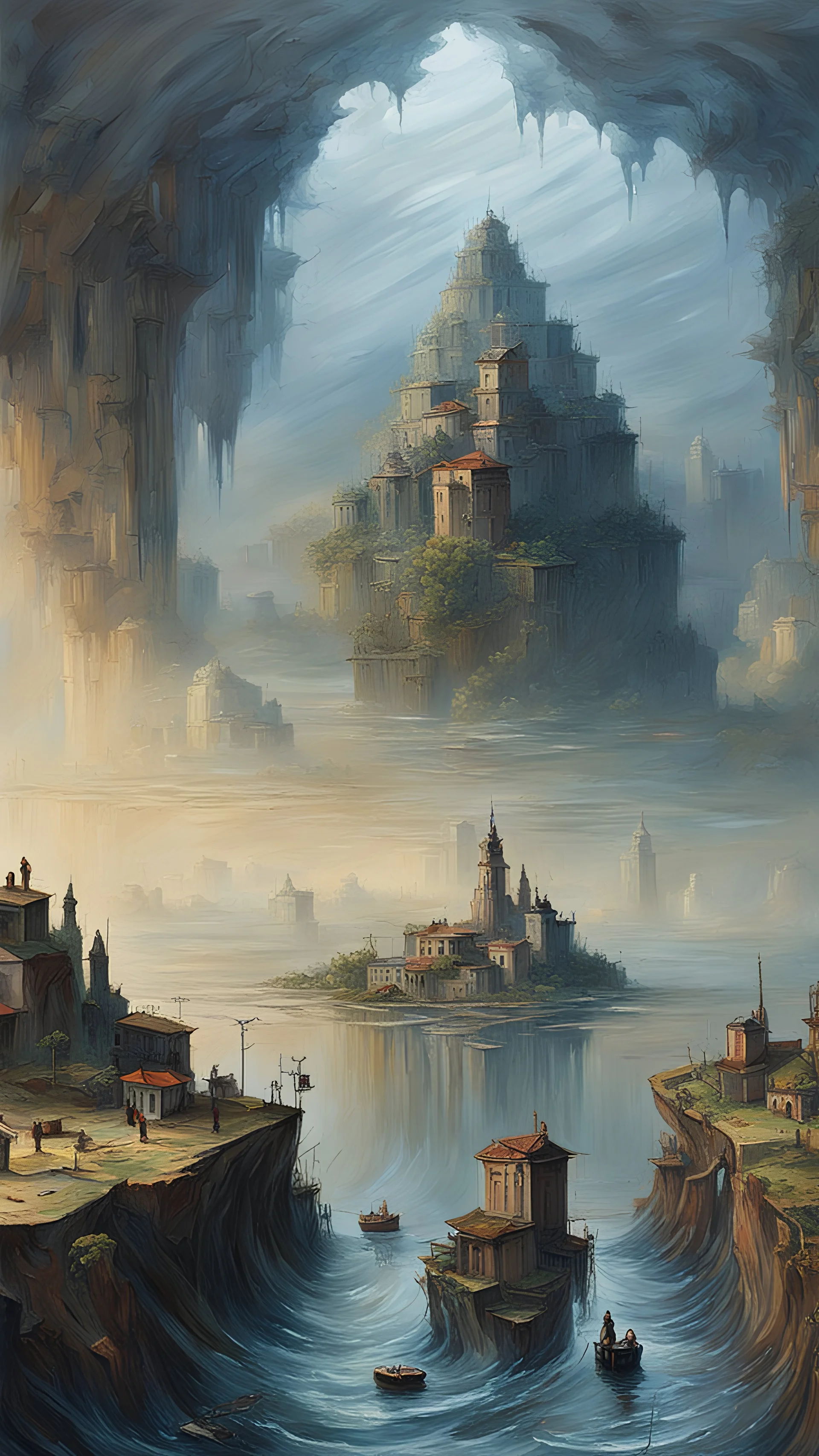 oil painting, flooded city, some small islands visible in the distance and there is a single human on each of them, seeing everything from a tall cliff