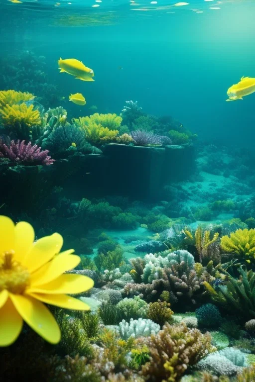 Muge Anli underwater with yellow flowers for hair, perfect eyes, rtx, reflection, 8k, glow, winning photography, caustics