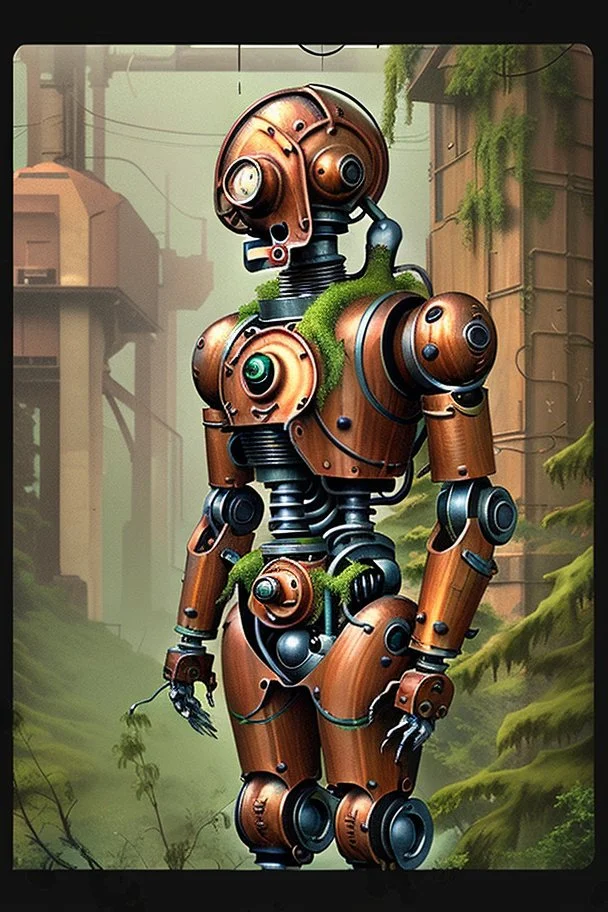 COPILOT PROMPT A majestic, eight-foot-tall automaton, constructed from polished copper and oiled wood, stands in a desolate, overgrown garden. Vines and moss cling to its metallic limbs, and a single, glowing glass eye seems to observe the world with quiet contemplation. A small puff of steam escapes from a valve on its chest, giving the only sign of life. The background is the rusted, decaying façade of a grand Victorian manor, half-swallowed by the wilderness. The scene should be lit with a s