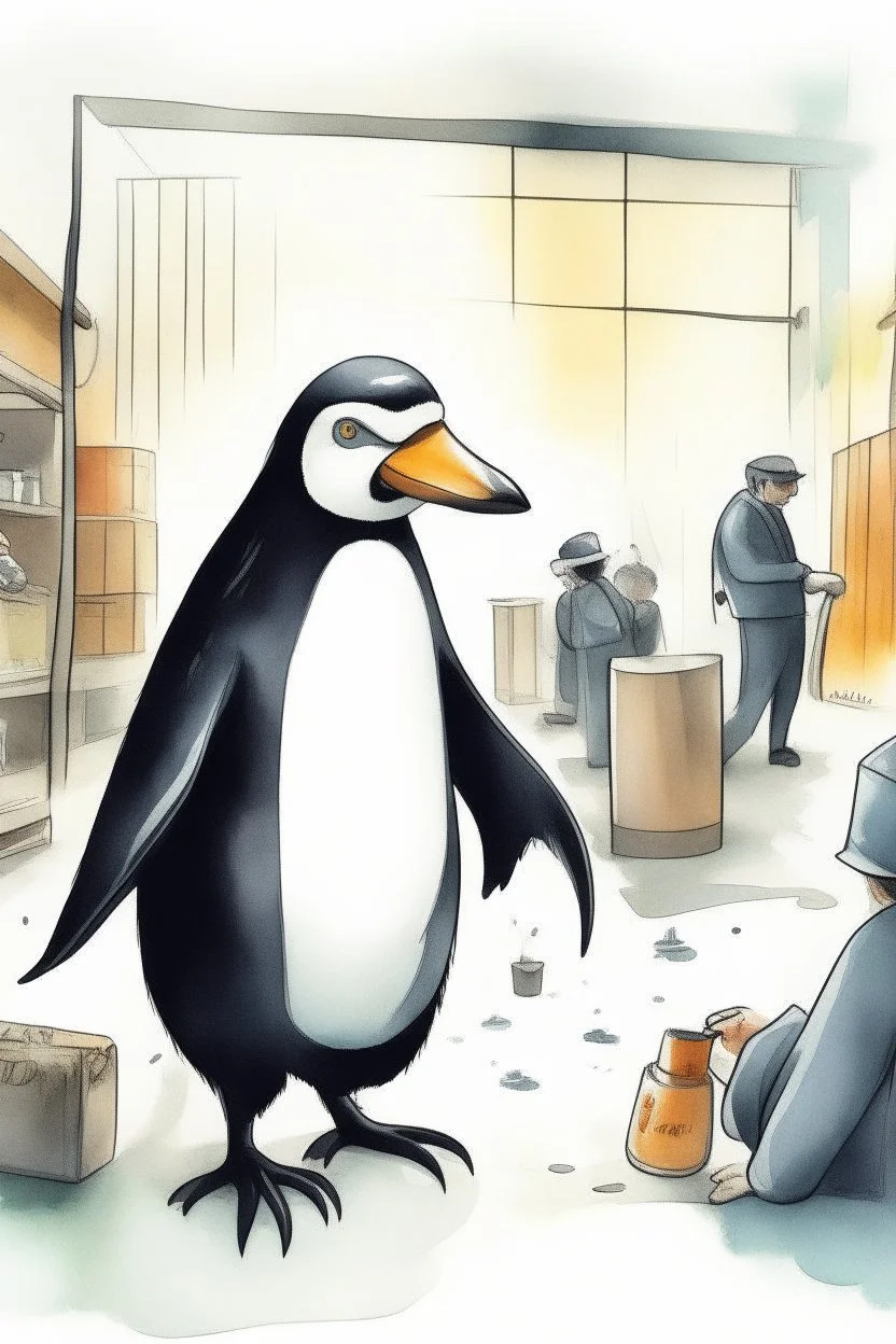 a penguin is an angry boss in a factory, atacking people with money. watercolor.