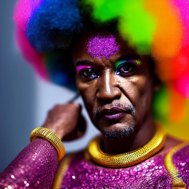 older man, fourty years old, masterpiece, best quality, family of three, ebony skinned, sparkling eyes, fluorescent skin, colorful makeup, afro, highly detailed body, afrofuturism, scifi, sun light, 4K, RAW, depth of field, high contrast, realistic details, 24mm