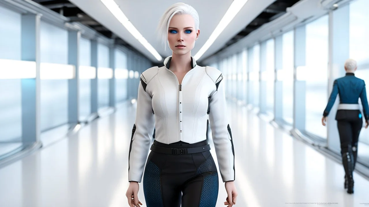 A captivating 3D render of Anita, a 25-year-old human android with unique features. She has short, white albino hair styled neatly and tied back, complementing her flawless white skin.Her striking blue eyes are surrounded by freckles, adding to her kind and approachable face. She stands in futurisctic white-blue-black cloth in a futuristic office , designed with sleek modern lines and cutting-edge technology. The photorealistic quality